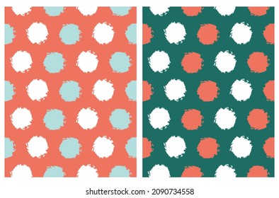 Abstract Hand Drawn Childish Style Vector Patterns. Brush Dots on Red and Dark Green Background. Modern Irregular Geometric Seamless Prints. Freehand Repeatable Dotted Desing.