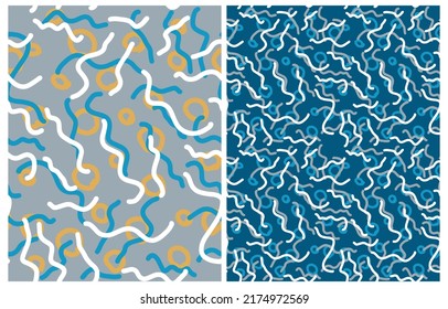 Abstract Hand Drawn Childish Style Vector Pattern. Freehand Waves and Circles on a Gray and Dark Blue Backgrounds. Modern Geometric Seamless Pattern. Irregular Cool Modern Print.