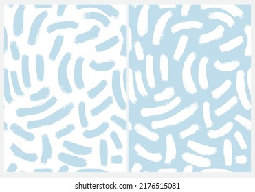 Abstract Hand Drawn Childish Style Vector Patterns. Brush Stroke Spots on White and Pastel Blue Background. Modern Geometric Seamless Pattern. Irregular Freehand Repeatable Print ideal for Fabric.