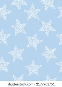 Abstract Hand Drawn Childish Style Starry Vector Pattern. Simple Brush Stars on Pastel Blue Background. Modern Geometric Seamless Pattern. Irregular Freehand Night Sky Print ideal for Fabric, Textile.