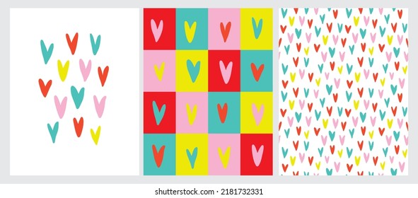 Abstract Hand Drawn Childish Style Romantic Vector Patterns and Print.Simple Hearts on White and Colorful Background.Modern Geometric Seamless Pattern. Irregular Freehand Print ideal for Card, Fabric.