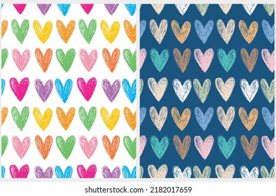 Abstract Hand Drawn Childish Style Romantic Vector Patterns. Simple Colorful Hearts on White and Blue Background.Modern Geometric Seamless Pattern. Irregular Freehand Print ideal for Fabric, Textile.