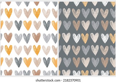 Abstract Hand Drawn Childish Style Romantic Vector Patterns. Simple Hearts on White and Gray Background.Modern Geometric Seamless Pattern. Irregular Freehand Print ideal for Fabric, Wrapping Paper.