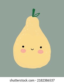 Abstract Hand Drawn Childish Style Vector Illustration with Smiling Yellow Pear on a Pale Mint Background. Modern Grunge  Print with Kawaii Style Fruit ideal for Wall Art, Poster, Card, Decoration.