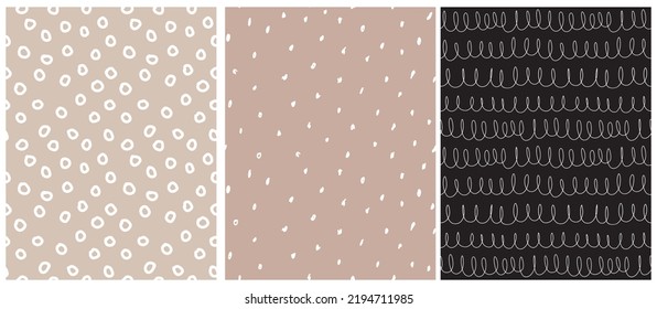 Abstract Hand Drawn Childish Style Seamless Vector Patterns. White Lines with Loops, Circles and Dots on Beige and Black Backgrounds. Modern Geometric Doodle Pattern. Irregular Freehand Print.