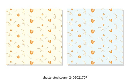 Abstract Hand Drawn Childish Style Seamless Vector Patterns. Simple Geometric Print. Mini orange hearts and doodles shapes. 