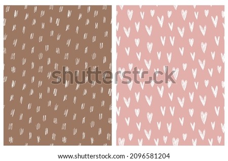 Abstract Hand Drawn Childish Style Vector Patterns. White Hearts and Spots on Pastel Pink and Brown Background. Modern Geometric Seamless Pattern. Irregular Freehand Repeatable Print.
