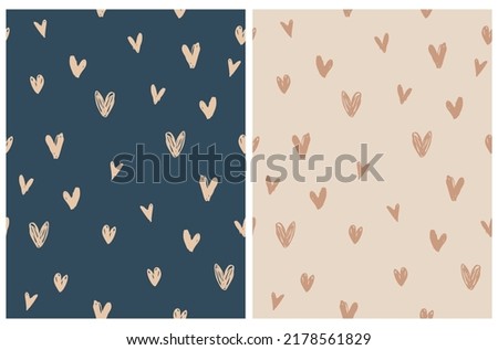 Abstract Hand Drawn Childish Style Romantic Vector Patterns. Simple Brush Hearts on Light Beige and Dark Blue Background. Modern Geometric Seamless Pattern. Irregular Freehand Print ideal for Fabric.