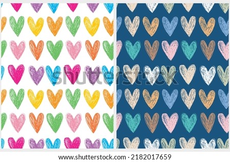 Abstract Hand Drawn Childish Style Romantic Vector Patterns. Simple Colorful Hearts on White and Blue Background.Modern Geometric Seamless Pattern. Irregular Freehand Print ideal for Fabric, Textile.