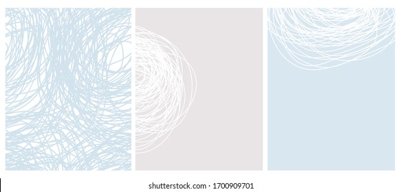 Abstract Hand Drawn Childish Vector Pattern and 2 Layouts. White Sketched Scribbles  Isolated on a Pastel Blue and Light Gray Backgrounds.Repeatable Print with Blue Messy Hand Drawn Lines on a White.
