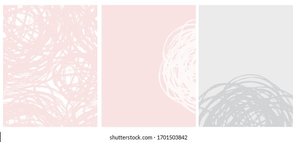 Abstract Hand Drawn Childish Vector Pattern and 2 Layouts. White Sketched Scribbles Isolated on a Pastel Pink and Light Gray Backgrounds.Repeatable Print with Pink Messy Hand Drawn Lines on a White.