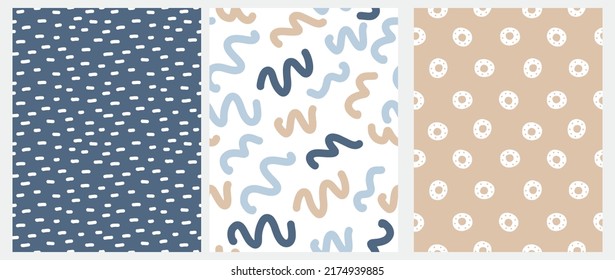Abstract Hand Drawn Childish Vector Pattern Set. Freehand Waves, Circles and lines on a Beige, White and Dark Blue Backgrounds. Modern Geometric Seamless Pattern. Irregular Cool Modern Print.