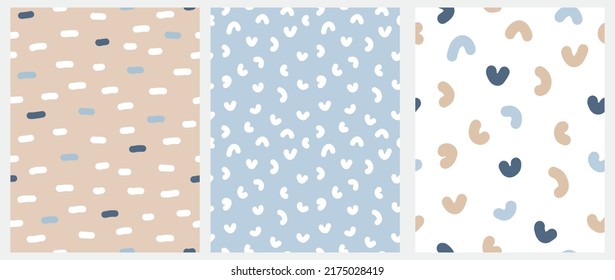 Abstract Hand Drawn Childish Vector Pattern Set. Freehand Spots, Arcs and Lines on a Beige, White and Pastel Blue Backgrounds. Modern Geometric Seamless Pattern. Irregular Cool Modern Print.