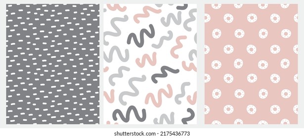Resumen De Patrón De Vector Infantil Dibujado A Mano. Olas, círculos y líneas de mano libre sobre un fondo rosa, blanco y gris oscuro. Patrón geométrico moderno sin soldadura. Impresión Moderna Irregular Fría.