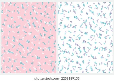 Abstract Hand Drawn Childish Vector Pattern Set. White and Blue Wavy Lines and Swirls on a Light Pink and White Background. Modern Geometric Seamless Pattern.Irregular Freehand Print ideal for Fabric.