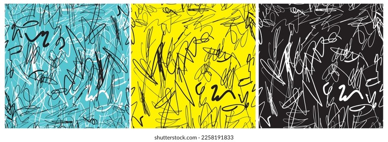 Abstract Hand Drawn Childish Vector Pattern Set. Simple Freehand Scribbles on a Yellow, Blue and Black Background. Modern Geometric Seamless Pattern. Irregular Abstract Doodle Print ideal for Fabric.