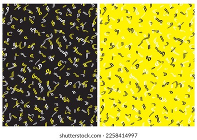 Abstrakter handgezeichneter, kindersicherer Vektormuster-Set. Weiße und schwarze Wavy Lines und Swirls auf schwarz-gelbem Hintergrund. Modernes geometrisches nahtloses Muster. Irreguläre Freehand Print ideal für Fabric.