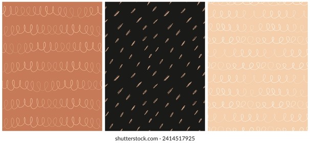 Abstract Hand Drawn Childish Vector Pattern Set. White Waves and Spots on a Black, Terra Cotta and Peach Fuzz Background. Modern Geometric Seamless Patterns. Irregular Freehand Endless Prints. RGB.