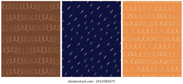 Abstract Hand Drawn Childish Vector Pattern Set. White Waves and Spots on a Chocolate Brown, Dark Blue and Orange Background. Modern Geometric Seamless Patterns. Irregular Freehand Endless Prints.RGB.