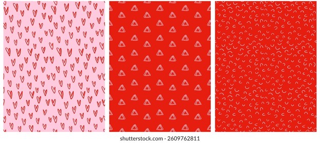 Abstract Hand Drawn Childish Vector Patterns With Hearts, Triangles and Arcs on a Red and Light Pink Background. Modern Geometric Seamless Pattern. Irregular Freehand Abstract Doodle Print. RGB.