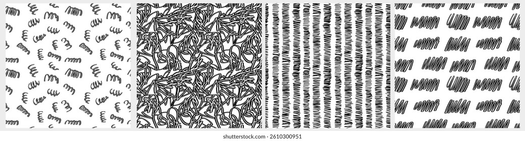Abstract Hand Drawn Childish Vector Patterns. Black Zigzags, Wavy Lines With Loops and Scribbles on a White Background. Modern Irregular Geometric Seamless Pattern. Abstract Doodle Endless Design.RGB.