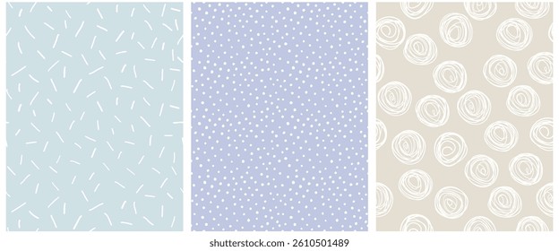Abstract Hand Drawn Childish Vector Pattern Set. White Dots, Lines and Circles on a Gray and Pastel Blue Background. Modern Geometric Seamless Pattern. Irregular Freehand Abstract Doodle Print. RGB.