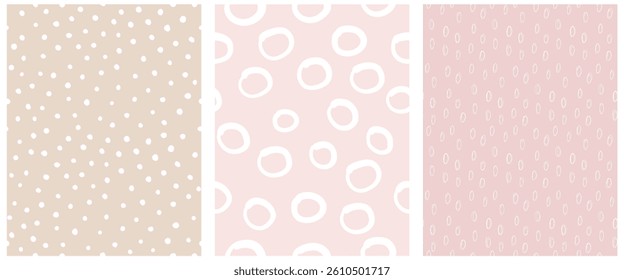 Abstract Hand Drawn Childish Vector Pattern Set. White Circles, Spots and Dots on Various Pink Backgrounds. Modern Geometric Seamless Pattern. Irregular Freehand Print. Abstract Doodle Print. RGB.