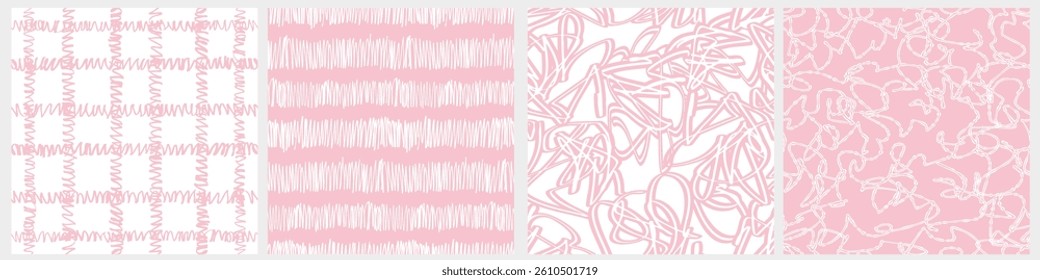 Abstract Hand Drawn Childish Vector Patterns. Zigzags, Wavy Lines, Grid and Scribbles on a White and Light Pink Background. Modern Irregular Geometric Seamless Pattern. RGB.