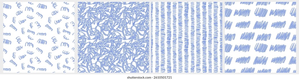 Abstract Hand Drawn Childish Vector Patterns. Zigzags, Wavy Lines With Loops and Scribbles on a White and Cornflower Blue Background. Modern Irregular Geometric Seamless Pattern. RGB.