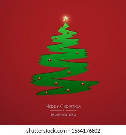 Abstract hand drawn christmas pine tree isolated on red background. Vector illustration design for holiday decoration card, party invitation.