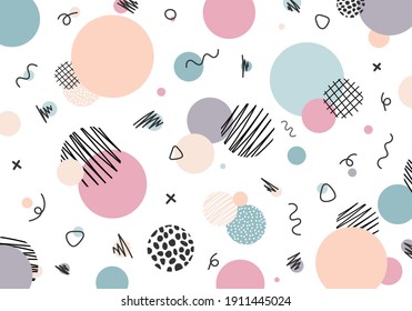 Abstract Hand Drawn Circles With Line Pattern Memphis Style Pastel Color On White Background. Vector Illustration