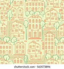 Abstract hand drawn cityscape background. Seamless pattern. Vector graphics.