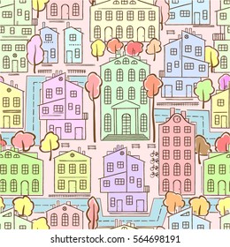 Abstract hand drawn cityscape background. Seamless pattern. Vector graphics.