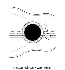 Abstract Hand Drawn Classic Acoustic Guitar With Strings And Pick Mediator Doodle Concept Vector Design Outline Style On White Background Isolated Outline Music, Sound, Audio, Relax