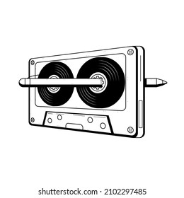 Abstract Hand Drawn Classic Tape Old Cassette With Pen Doodle Concept Vector Design Outline Style On White Background Isolated Outline Music, Sound, Audio, Relax