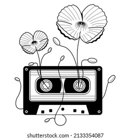 Abstract Hand Drawn Classic Tape Old Cassette With Flowers Doodle Concept Vector Design Outline Style On White Background Isolated Outline Music, Sound, Audio, Relax