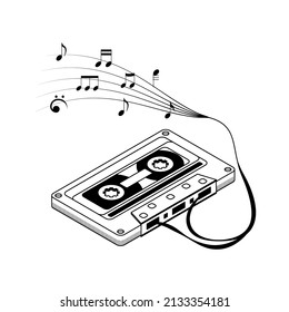 Abstract Hand Drawn Classic Tape Old Cassette With Notes Doodle Concept Vector Design Outline Style On White Background Isolated Outline Music, Sound, Audio, Relax