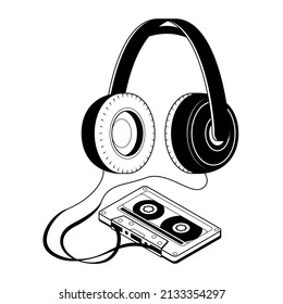 Abstract Hand Drawn Classic Tape Old Cassette With Headphones Doodle Concept Vector Design Outline Style On White Background Isolated Outline Music, Sound, Audio, Relax