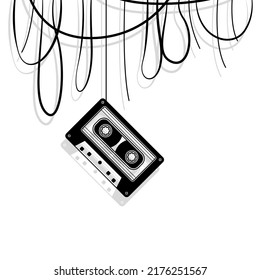 Abstract Hand Drawn Classic Tape Old Cassette Doodle Concept Vector Design Outline Style On White Background Isolated Outline Music, Sound, Audio, Relax