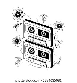 Abstract Hand Drawn Classic Tape Old Cassette With Flowers Doodle Concept Vector Design Outline Style On White Background Isolated Outline Music, Sound, Audio, Relax