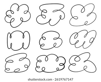 Abstrato mão desenhado Cloud Loop. Uma coleção de 9 formas de nuvens abstratas feitas de contínuos laços desenhados à mão e redemoinhos em estilo de arte de linha minimalista perfeito para destaques de design decorativos