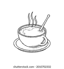 Resumen Copa De Café Dibujada A Mano Con Bebida De Cuchara Concepto Vector Diseño Estilo De Esquema Sobre Fondo Blanco Aislado