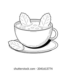 Abstract Hand Drawn Coffee, Tea Cup With Mint Leaves Doodle For Coffee Drink Seed Concept Vector Design Outline Style On White Background Isolated