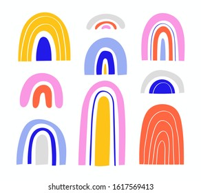 Abstract hand drawn colored rainbows set in kids drawing style with different ornaments. Childish Scandinavian style. Modern trendy paper cut vector illustration for poster, card, wallpaper design