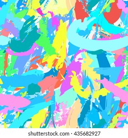 Abstract hand drawn colorful background with paint strokes and splashes on the palette. Repeating texture with modern art for fabrics, wrapping paper or wallpapers.