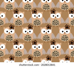 Abstract Hand Drawn Colorful Cute Owls Seamless Vector Pattern Isolated Background