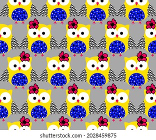 Abstract Hand Drawn Colorful Cute Owls Seamless Vector Pattern Isolated Background