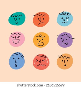 Abstract hand drawn comic faces with various emotions.