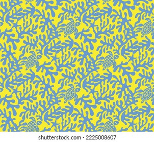 Abstract Hand Drawn Corals Sea Turtles Exotic Minimal Ocean Swimwear Seamless Pattern Perfect for Allover Fabric Print Monochrome Stylish Elegant Design Neon Yellow Blue Tones
