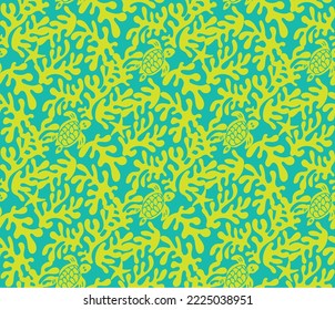 Abstract Hand Drawn Corals Sea Turtles Exotic Minimal Ocean Swimwear Seamless Pattern Perfect for Allover Fabric Print Monochrome Stylish Elegant Design Pool Blue Neon Yellow Tones